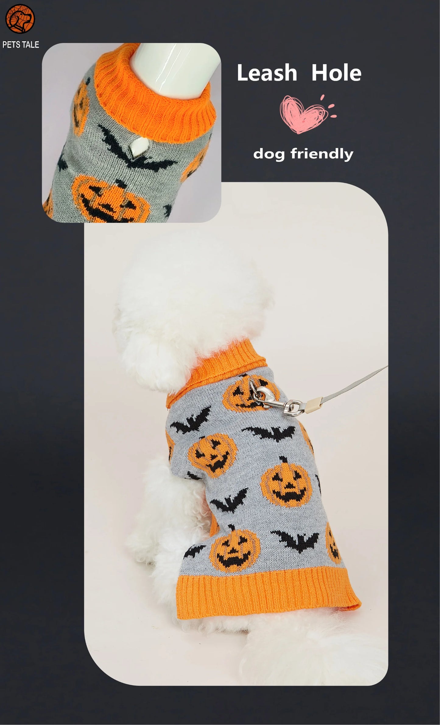 Premium Dog Halloween Pumpkin, Ghost, and Bat Jacquard Chain-Link Double Collar Sweater