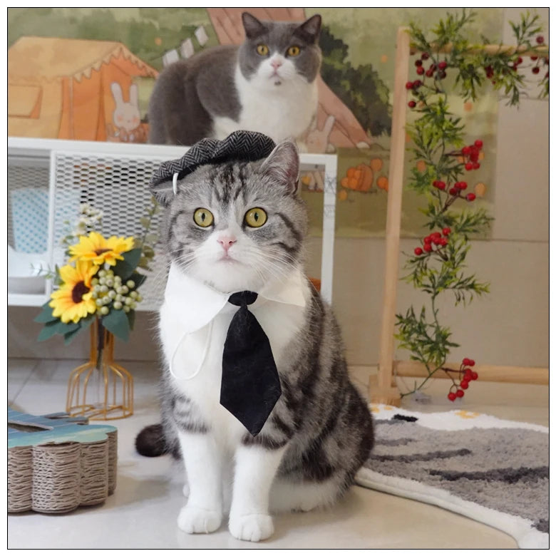 Funny Pet Cat Hat Gentleman's Hat Beret Tie Bathing Blood Gangster Handsome Cosplay Photo Prop Dog Halloween Costume