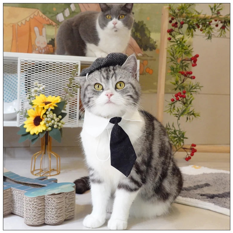 Funny Pet Cat Hat Gentleman's Hat Beret Tie Bathing Blood Gangster Handsome Cosplay Photo Prop Dog Halloween Costume
