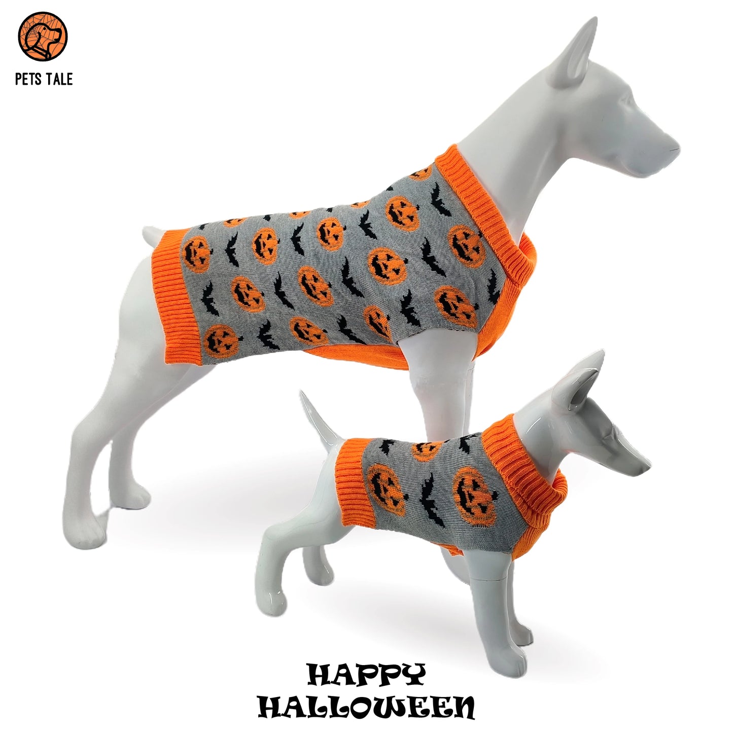 Premium Dog Halloween Pumpkin, Ghost, and Bat Jacquard Chain-Link Double Collar Sweater