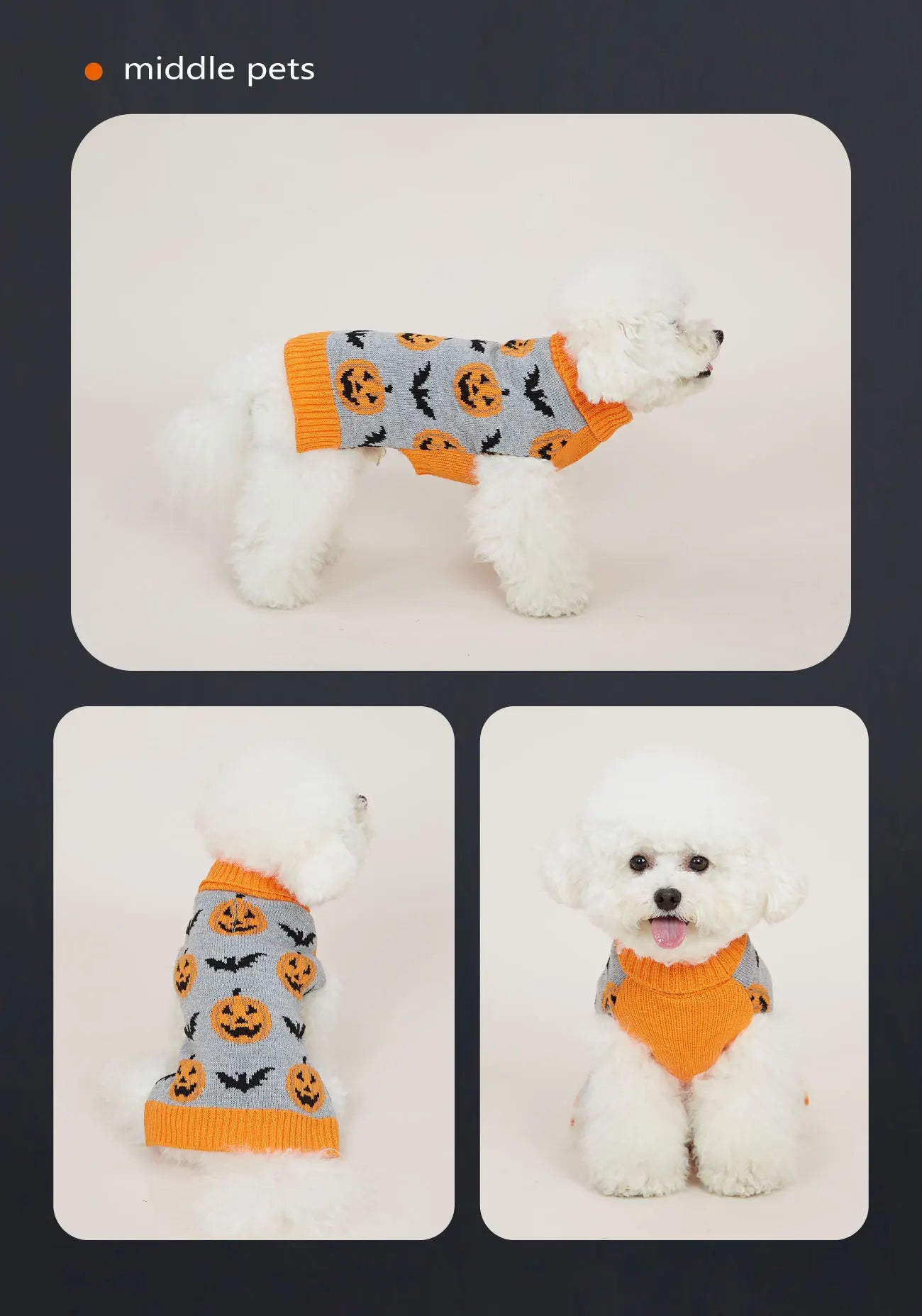 Premium Dog Halloween Pumpkin, Ghost, and Bat Jacquard Chain-Link Double Collar Sweater