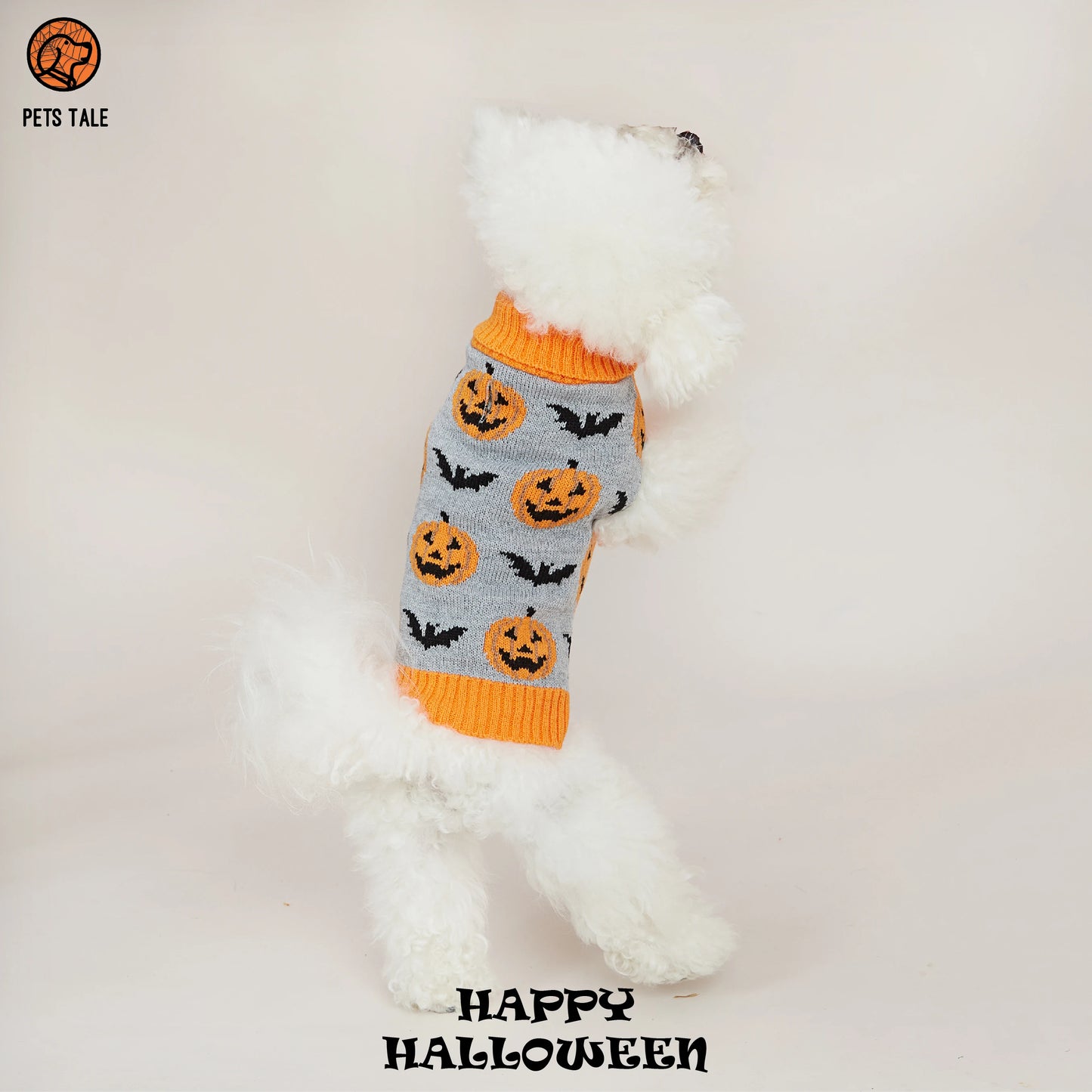 Premium Dog Halloween Pumpkin, Ghost, and Bat Jacquard Chain-Link Double Collar Sweater