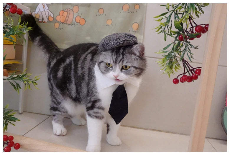 Funny Pet Cat Hat Gentleman's Hat Beret Tie Bathing Blood Gangster Handsome Cosplay Photo Prop Dog Halloween Costume