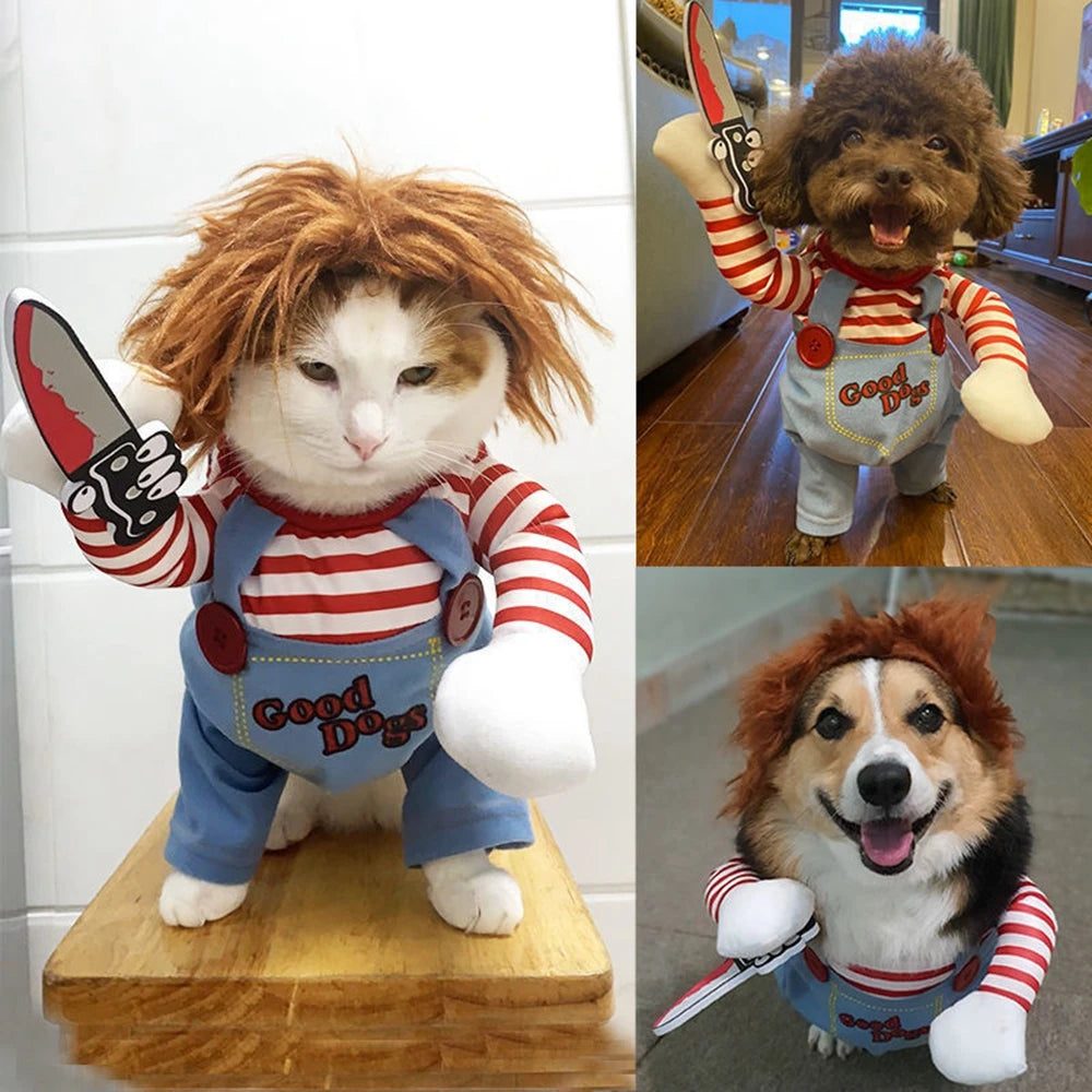 Pet Dog Halloween Clothes Dogs Holding a Knife Halloween Christmas Costume Funny Pet Cat Party Cosplay Apparel Clothing