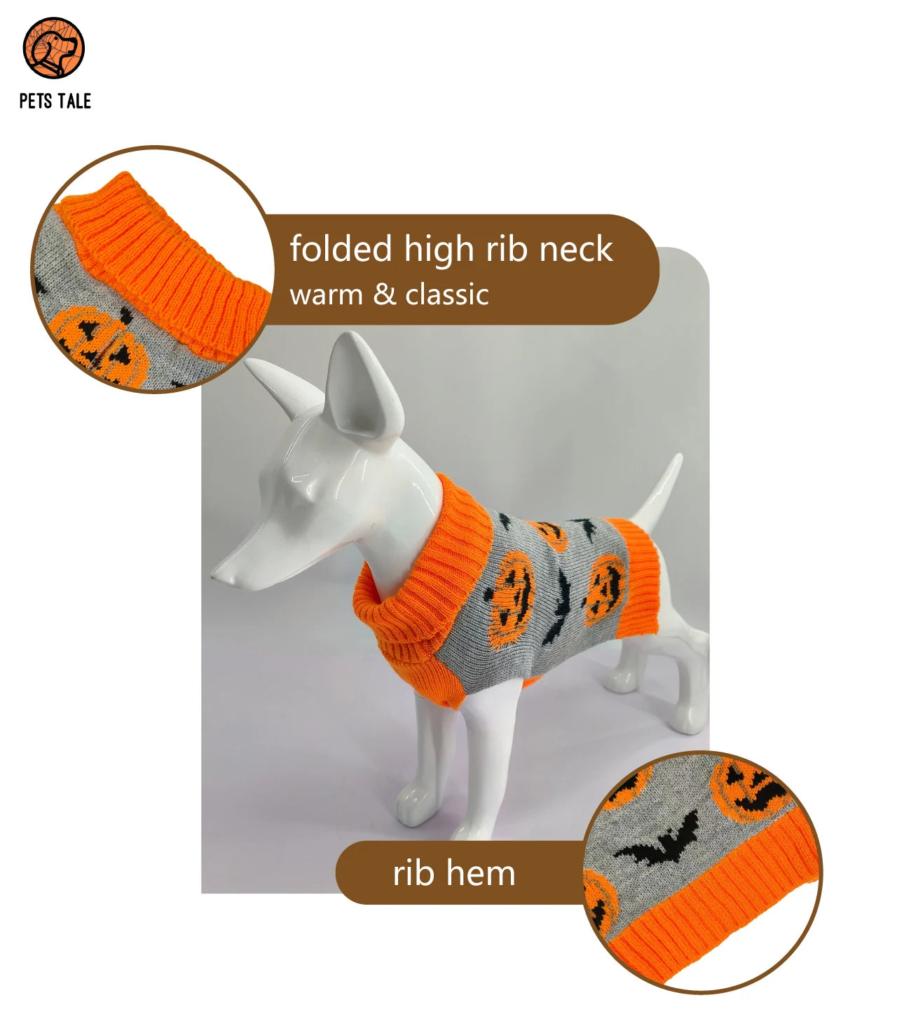 Premium Dog Halloween Pumpkin, Ghost, and Bat Jacquard Chain-Link Double Collar Sweater