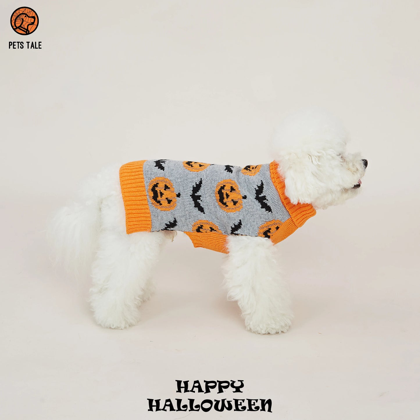 Premium Dog Halloween Pumpkin, Ghost, and Bat Jacquard Chain-Link Double Collar Sweater
