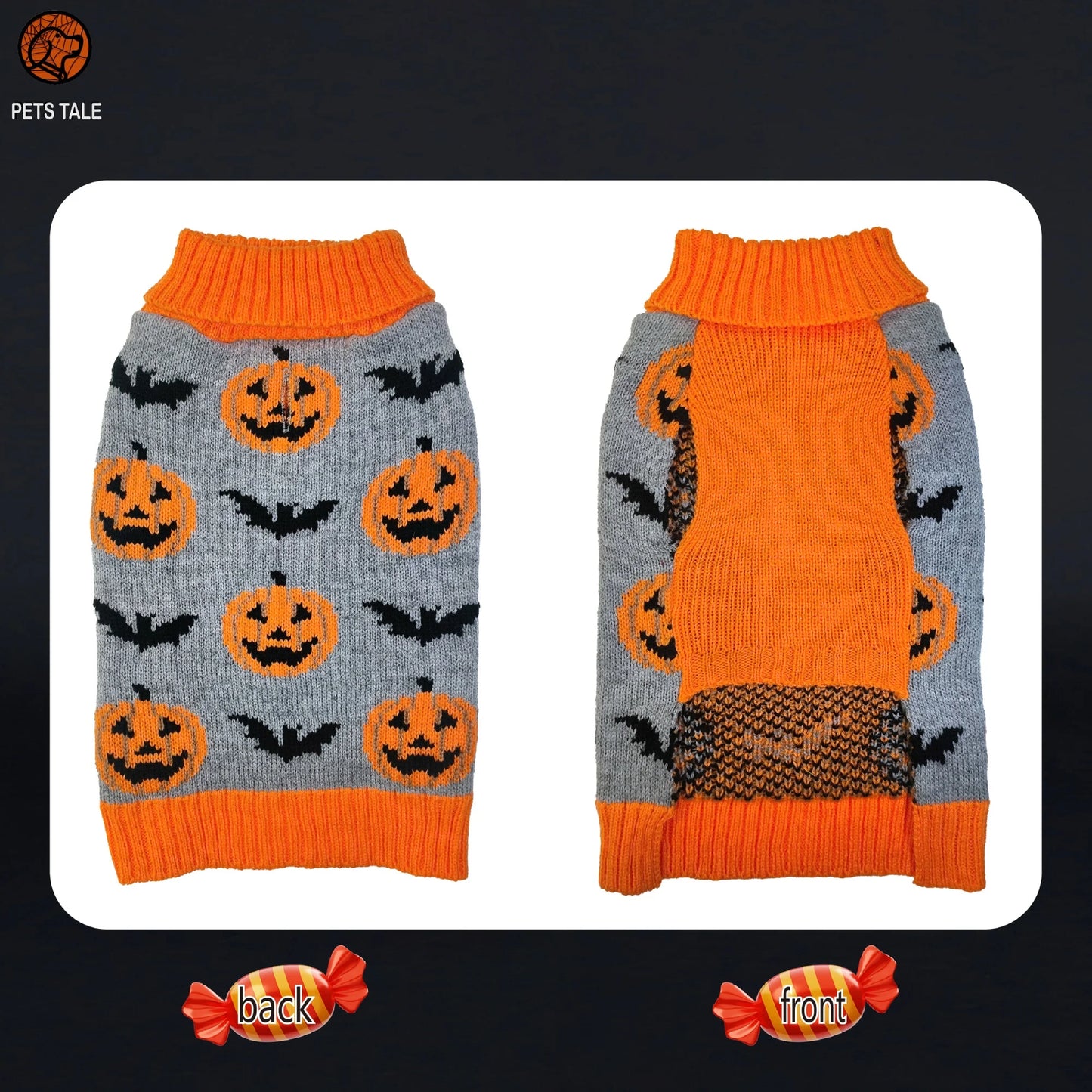 Premium Dog Halloween Pumpkin, Ghost, and Bat Jacquard Chain-Link Double Collar Sweater