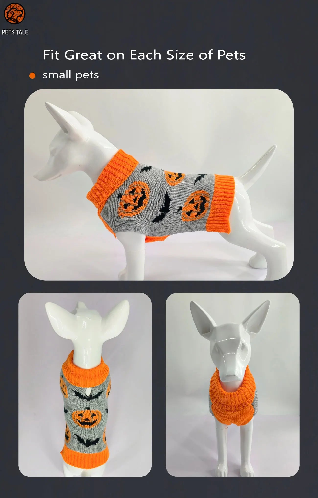 Premium Dog Halloween Pumpkin, Ghost, and Bat Jacquard Chain-Link Double Collar Sweater