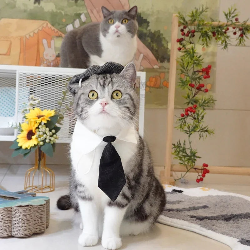 Funny Pet Cat Hat Gentleman's Hat Beret Tie Bathing Blood Gangster Handsome Cosplay Photo Prop Dog Halloween Costume